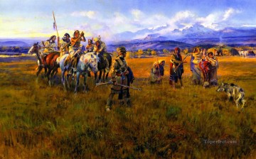 Lewis y Clark llegan al campamento shoshone liderados por sacajawea la mujer pájaro 1918 Charles Marion Russell Pinturas al óleo